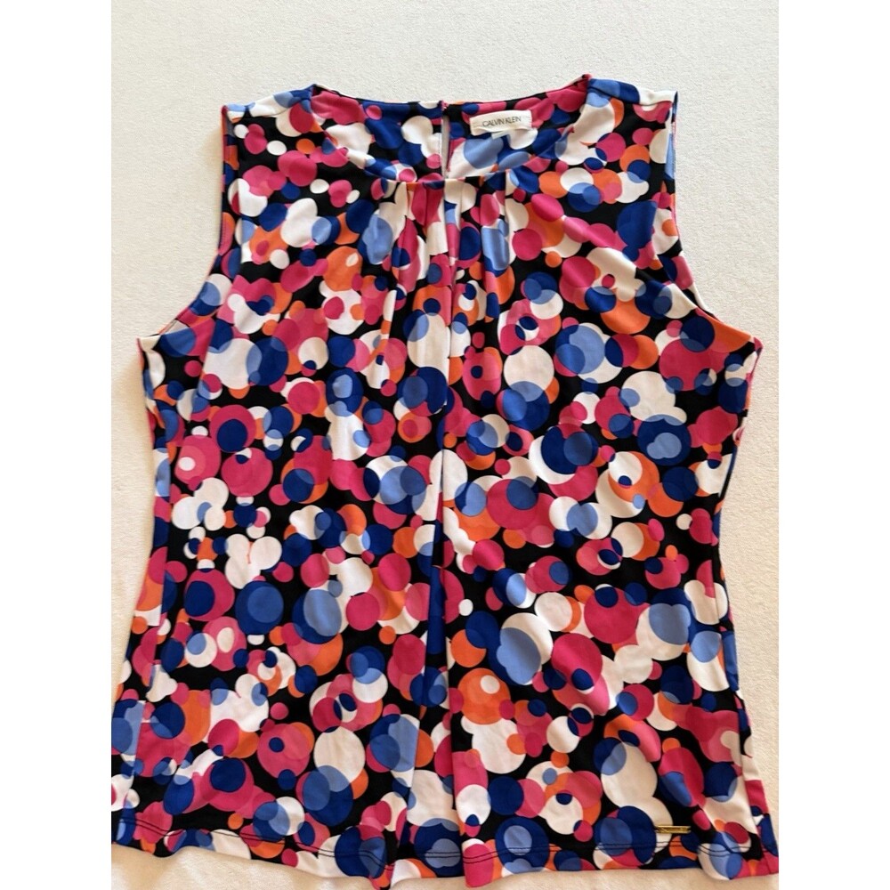 Calvin Klein Petites PXL Sleeveless Pleated Polka Dot Knit Pullover Blouse